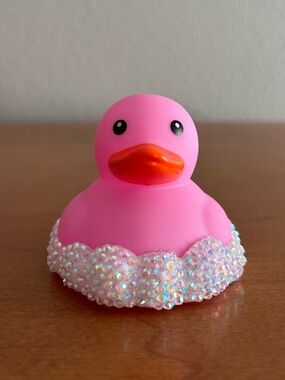 Bedazzled Bubbles Pink Rubber Duck with Iridescent Bead Trim